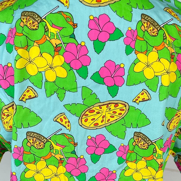 Teenage Mutant Ninja Turtle Pizza and Flowers Button Down Shirt, Blue Small - Picture 5 of 10